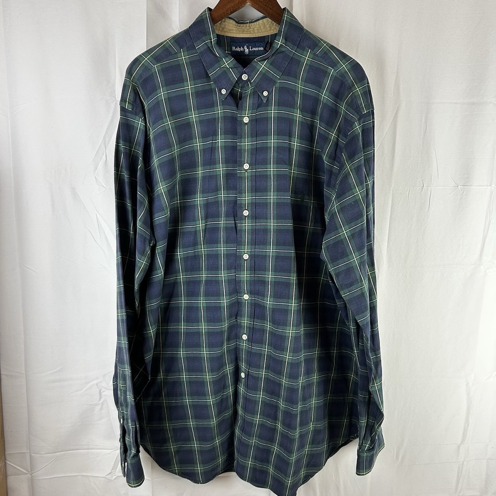 Ralph Lauren Long Sleeve Mens 2XLT‎ Tall Shirt Green Blue Plaid Casual Preppy